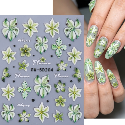 1pc Embossed Flowers Nail Stickers 5D Green Lily Petals French Design Nail Decals Self Adhesive Slider DIY Manicure Decoration