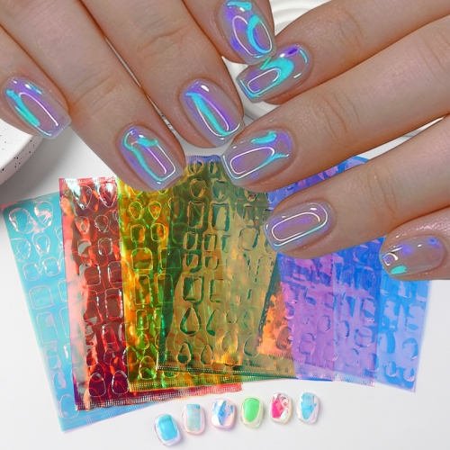 6colors/set Nail Art Aurora Glass Foil Transfer Nail Art Stickers Kit Iridescent Glass Paper Transparent Reflective Laser Nail Paper