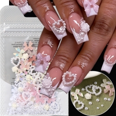 1bag Mixed Glossy Pearl Hollow Heart Rose Nail Art Charms Sweet Iridescent Bow Nail Decorations DIY Crafts Manicure Accessories
