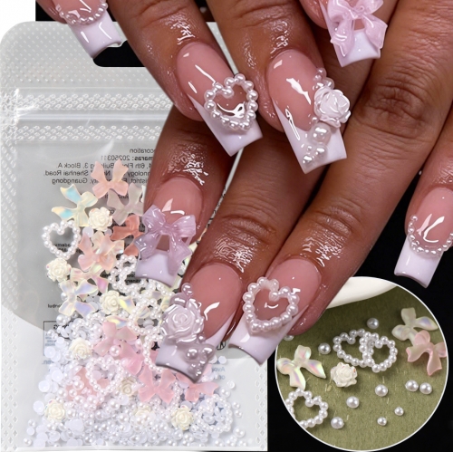 1bag Mixed Glossy Pearl Hollow Heart Rose Nail Art Charms Sweet Iridescent Bow Nail Decorations DIY Crafts Manicure Accessories