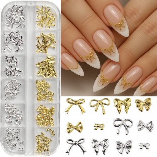 1box Golden Silvery Bow Nails Art Charms Mixed Sizes Bow Knot Design Nail Art Decoration Nail Decal Nail Art Accessories