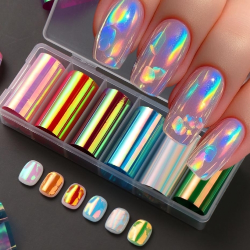 6colors/box Aurora Candy Colors Glass Starry Sky Paper Rainbow Laser Nail Cellophane Stickers Fashionable Nail Foils Decor