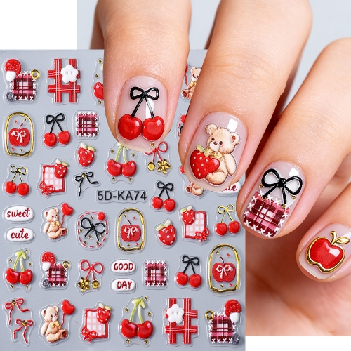 1pc 5D Cute Apple Cherry Little Bear Decorative Patterns Nail Art Sticker Nail Art Decal Nail Art Accessories