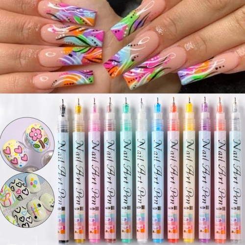 12Colors/set Nail Art Pen Set 0.5mm Fingernail Markers Pen Quick Dry DIY Manicure Graffiti Needle Pens for Nail Art Design