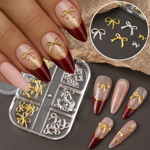 1box Golden Silvery Metal Bow Knot Nail Decoration Bow Alloy Nail Charms Design Nail Decorations Studs Jewelry