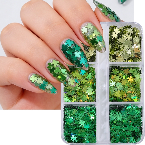 1box Holographic Glitter Four Leaf Clover Nail Accessories Laser Green UV Sequins Nail Art Charms For Ireland St.Patrick's Day Design