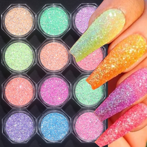 12colors/set Reflective Iridescent Nail Glitter Sparkling Candy Nail Powder Nail Art Accessories Nail Art Decoration
