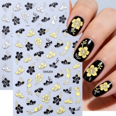 1pc Bronzing Hibiscus Flower Nail Stickers Black Gold Silver Floral Self-Adhesive Nail Decals Spring Summer Manicure Decoration