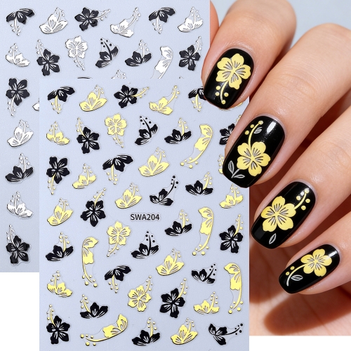 1pc Bronzing Hibiscus Flower Nail Stickers Black Gold Silver Floral Self-Adhesive Nail Decals Spring Summer Manicure Decoration