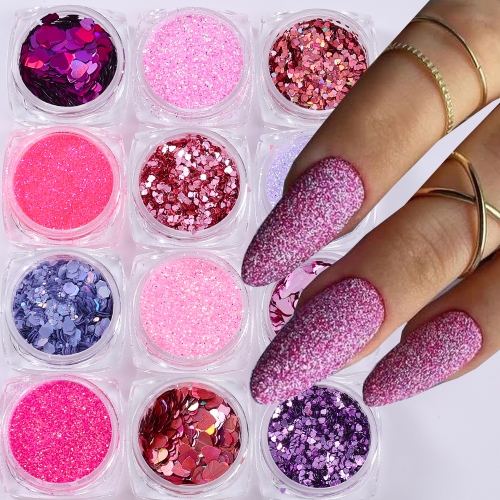 12colors/set Pink Series Nail Glitter Holographic Mixed Sparkling Nail Sequin Heart Hexagon Flakes Shiny Manicure Decoration