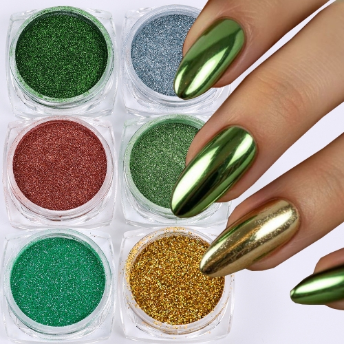 6colors/set Light Magic Mirror Nail Glitter Powder Golden Blue Green Metal Pigment DIY Chrome Dust Summer Manicure Decor