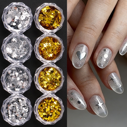  4jars/set Golden or Silver Star Nail Art Flakes Heart Small Mini Dot Pentagram Love Nail Sequin Holographic Glitter Design Decorations