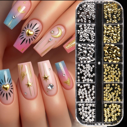 1box Golden Silver Love Heart Star Nail Art Decoration Mixed Love Heart & Star Japanese Style Nail Charm Manicure Decal