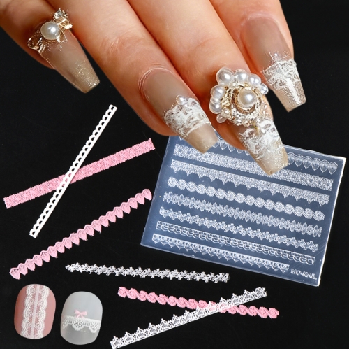 1pc Lace Patterns 3D Silicone Nail Carving Mold French Style Stripes Design Luxury Embossed Soft Silicone Manicure Template