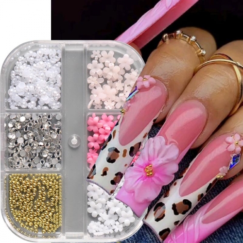 1box Mixed Flower Nail Charms Kawaii Resin Cartoon Nail Decorations With Gold Silver Beads DIY