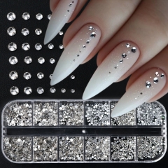 1box 3D Glass Silver Nail Art Rhinestones Kit Flatback Round Bead Charm Gem Stones Jewelry Diamond with Tools for Nail Art