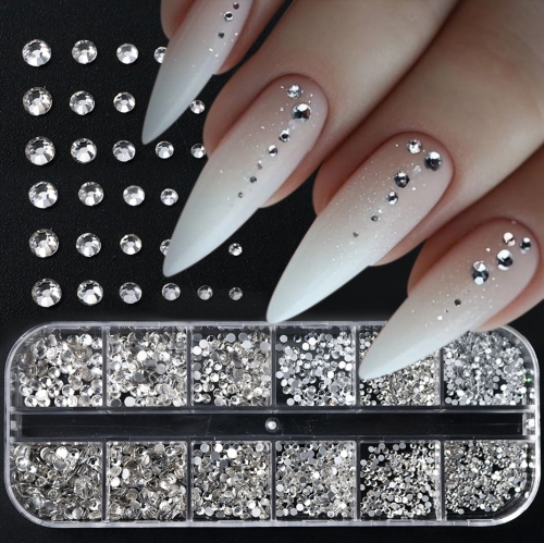 1box 3D Glass Silver Nail Art Rhinestones Kit Flatback Round Bead Charm Gem Stones Jewelry Diamond with Tools for Nail Art