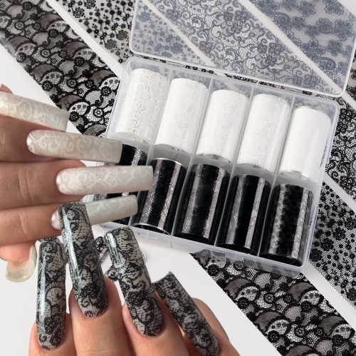 10 Rolls/box Nail Transfer Foils Black White Red Lace Flowers Nail Art Stickers Set for DIY Manicure Nail Charms Accessories