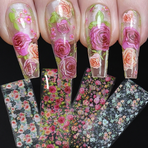 4pcs/set Rose Flower Nail Foils Spring Blooming Flower Transfer Foil Stickers Nail Art Film Decals for Elegant Wedding Manicure