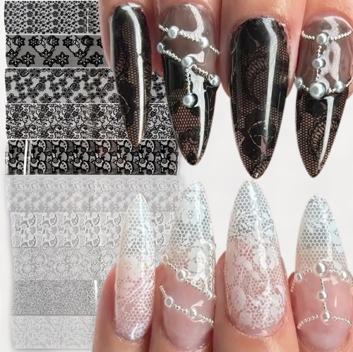 10pcs/set Nail Transfer Foils Black White Red Lace Flowers Nail Art Stickers Set for DIY Manicure Nail Charms Accessories