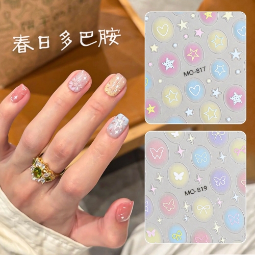 1pc 5D Embossed Star Nail Stickers Self-Adhesive Spring Flower Bow Nail Art Decals Vintage Daisy Nail Decorations for DIY