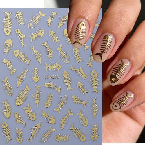 1pc Bronzing Nail Stickers Gold Silver Fish Bones Pattern Self-Adhesive Nail Decals DIY Ocean Manicure Decoration Accessories