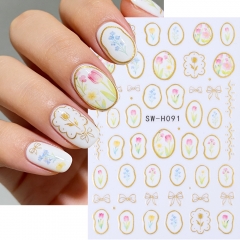 1pc Metallic Gold Line Flower Nail Stickers 3D Bronzing Border Cute Petals Leaf Elegant Slider Decals DIY Spring Manicure Decor