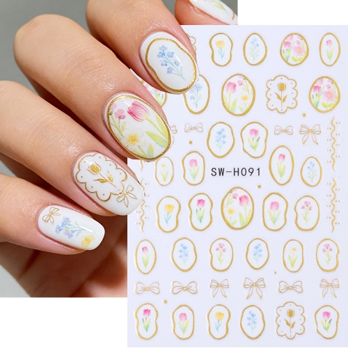 1pc Metallic Gold Line Flower Nail Stickers 3D Bronzing Border Cute Petals Leaf Elegant Slider Decals DIY Spring Manicure Decor