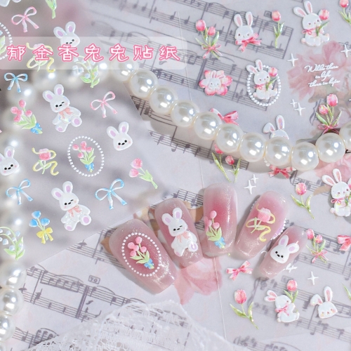 1pc Cute Bunny Nail Stickers 5D Self-Adhesive Holographic Rabbit Tulip Nail Art Decals Kawaii Floral Manicure Decorations Nail Art