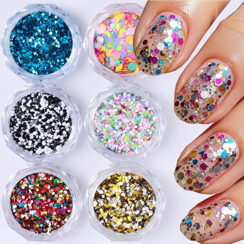 6jars/set Round Dot Nail Art Glitter Sequin 3D Holographic Crystal Sparkly Sequin Flash Flakes DIY Manicure Decoration