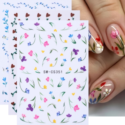 1pc Spring Summer Florals Nail Stickers Blue Flower Petal Leaf Pattern Design Nail Decals DIY Manicure Decoration