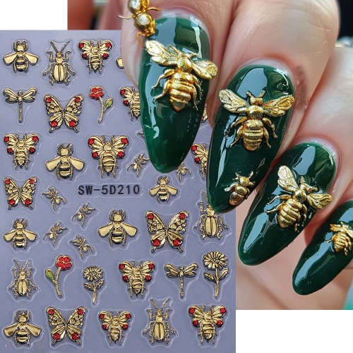 1pc Bronzing Nail Stickers 5D Embossed Bee Butterfly Flower Sliders Self-Adhesive Nail Decals DIY Retro Manicure Decoration