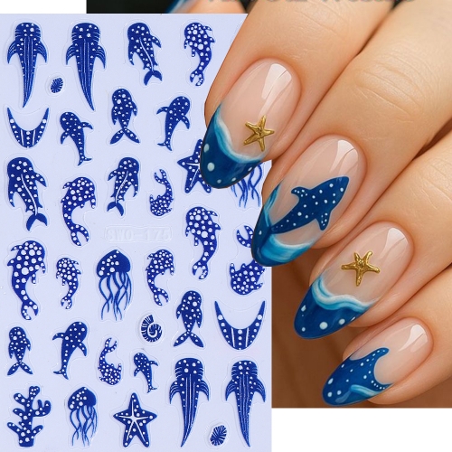 1pc Blue Whale Textured Nail Stickers Polka Dot Design Whales Starfish Jellyfish French Line Adhesive Decals DIY Manicure Decor