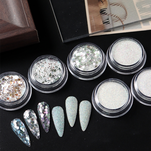 6jars/set Shiny Pink White Sugar Nail Powder Fine Iridescent Holographic Glitter Flakes Candy Coat Chrome Pigment Dust Decorations