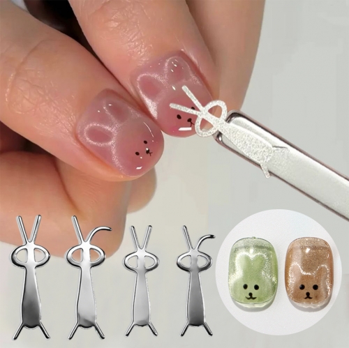 4pcs/set Cute Rabbit-Shaped Wire for Nail Magnetic Stick Cat Eye Nail Polish 3D Bear Animal Designs Multi-function Nail Magnet Tools