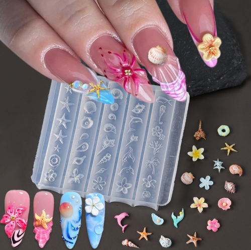 1pc 3D Summer Ocean Silicone Nail Art Mold Starfish Seashells Conches Patterns Embossed Gel Stamping Template Stencil Nail Tools