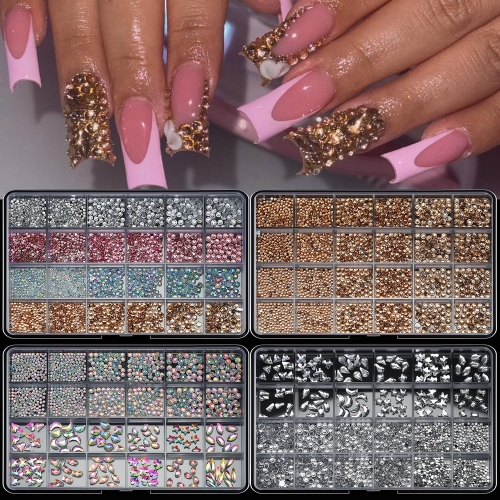 1Box White Champagne AB Rhinestone Nail Art Decorations Gothic Style Multi-Size Flat Rhinestone Shiny Accessories DIY Nail Decal