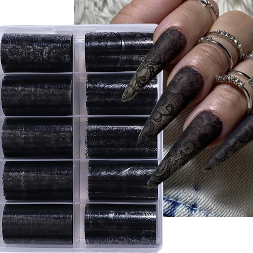 10rolls/box Black White Lace Flower Nail Transfer Foils Retro Floral Starry Sky Nail Sticker Manicure Decoration Accessories