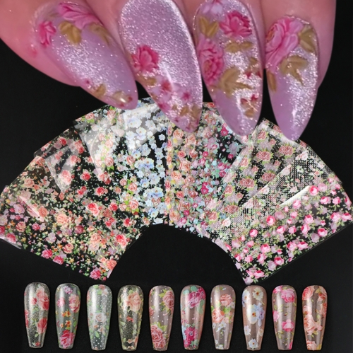 10pcs/set Colorful Rose Flower Nail Foil Transfer Sticker Elegant Rose Lace Design Floral for Spring Sky Paper Foils Nail Decor