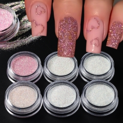 6jars/set Shiny Pink White Sugar Nail Powder Fine Iridescent Holographic Glitter Flakes Candy Coat Chrome Pigment Dust Decoration