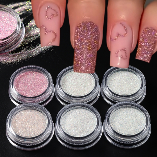 6jars/set Shiny Pink White Sugar Nail Powder Fine Iridescent Holographic Glitter Flakes Candy Coat Chrome Pigment Dust Decoration