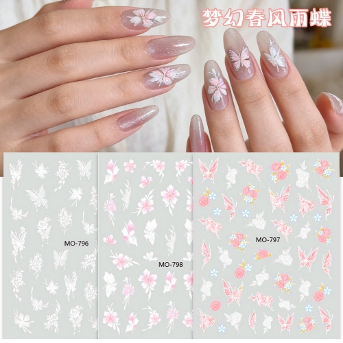 1pc Butterfly Floral Nail Stickers Self-Adhesive Pink Flower Rose Nail Decals Elegant Manicure Decorations Nail Art Accessories