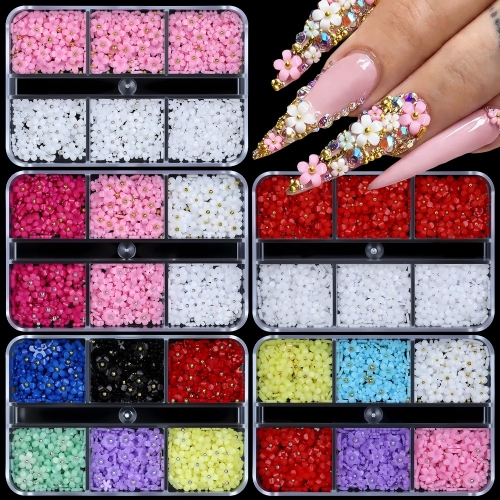 1box 3D Acrylic Flower Nail Art Charms Kawaii Resin Colorful Floral Nail Decor Gold Caviar Beads Nail Art Design DIY Nail Supplies