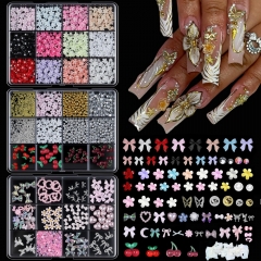 1box Acrylic Flower Nail Charms Set with Caviar Beads/Pearls 3D Flower Nail Art Rhinestones Mixed Blossom Spring Gems DIY 