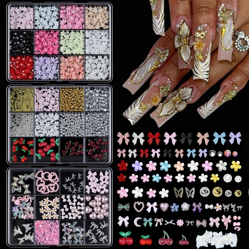 1box Acrylic Flower Nail Charms Set with Caviar Beads/Pearls 3D Flower Nail Art Rhinestones Mixed Blossom Spring Gems DIY 