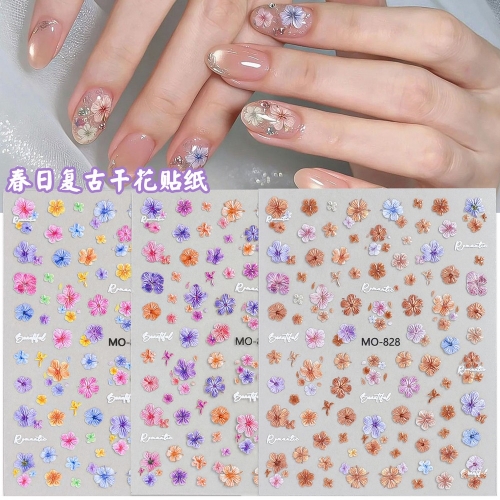 1pc Embossed Floral Nail Stickers Self-Adhesive Spring Flower Bow Nail Art Decals Vintage Daisy Nail Decorations for DIY