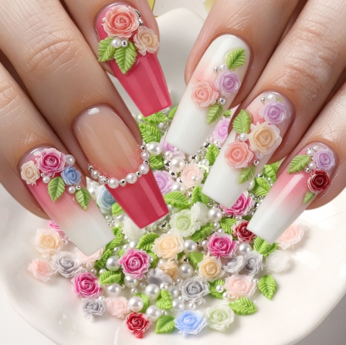 100pcs or 200pcs Romantic Rose Nail Art Charms Manicure Accessories Rose Flower Mix Green Leaves Colorful Flowers DIY Nails Jewelry