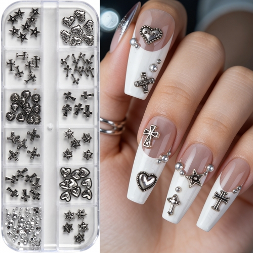 1box  Vintage Cross Shaped Zinc Alloy Jewelry Nails Supplies Hear Star Shaped Metal Nail Art Decoration