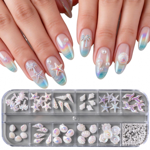 1box 3D Starfish And Shell Nail Art Decorations Aurora Seashell And Palm Tree DIY Nail Rhinestone Accessories