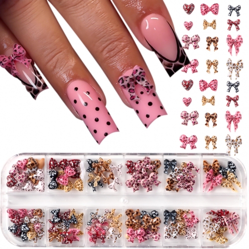 1box Leopard Print Ribbon Bow Resin Nail Charms 3D Flat Bottomed Colorful Spotted Heart Nail Art Decorations for DIY